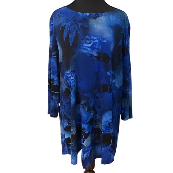 Clara Sun Woo Blue Floral Print Tunic Top Long Sleeve Asymmetric Hem Stretch SM - Picture 1 of 7
